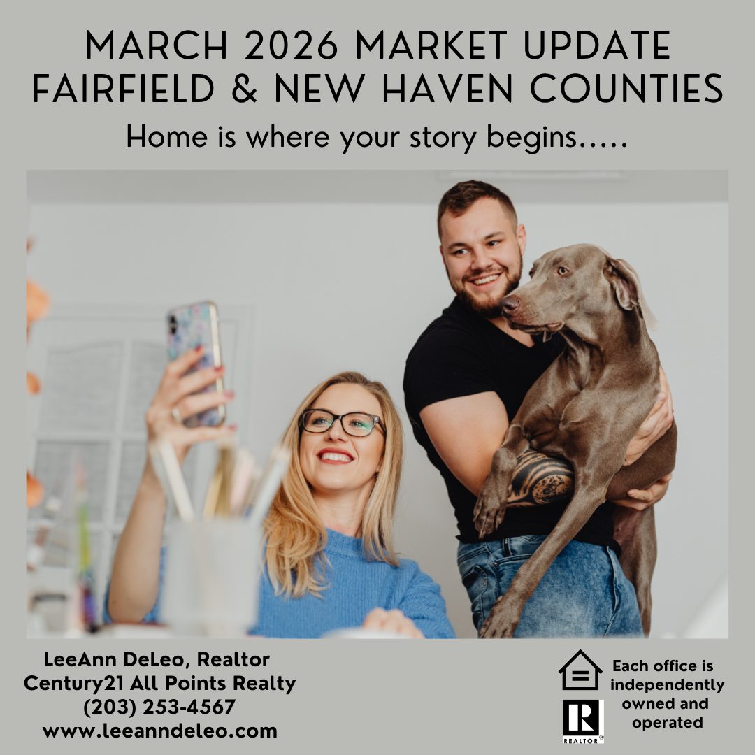 March 2026 real estate market update graphic highlighting trends for Fairfield and New Haven Counties, including buyer activity, inventory changes, and average home prices.