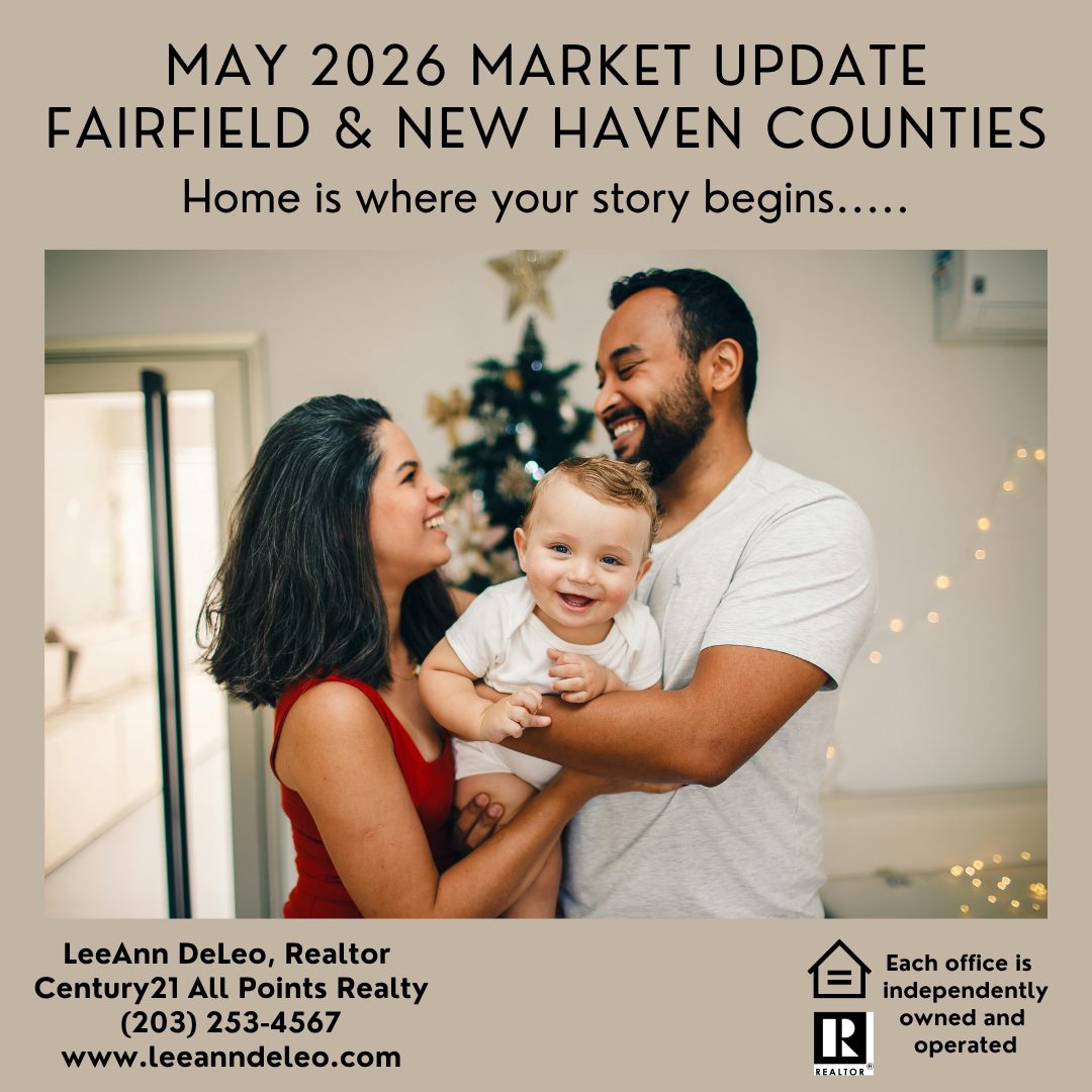 May 2026 real estate market update graphic highlighting trends for Fairfield and New Haven Counties, including buyer activity, inventory changes, and average home prices.